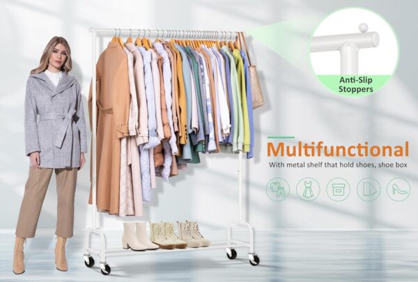 SLEEPING LAMB Heavy Duty Clothes Racks for Hanging Clothing Rack, 43" Wide Rolling Garment Rack Metal Wardrobe Rack with Wheels Closet Hanger Rack for Coats, Shirts, Dress, (White) - Image 6