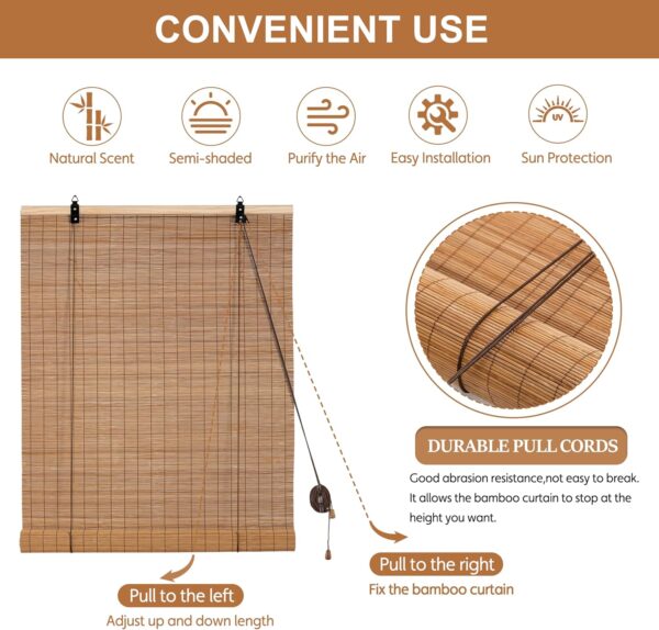 Bamboo Roller Blinds Bamboo Shades Roll Up Light Filtering Window Curtains for Interior Home Patio Porch Brown 72''W X 72''H - Image 5