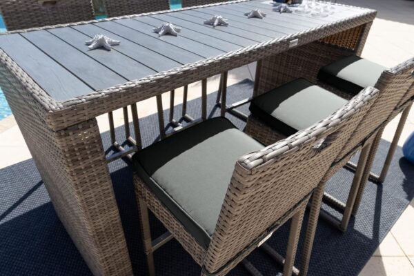 Sorrento 7-Piece Resin Wicker Outdoor Patio Furniture Bar Set in Gray w/Bar Table and Six Bar Chairs (Flat-Weave Gray Wicker, Sunbrella Canvas Charcoal) - Image 2