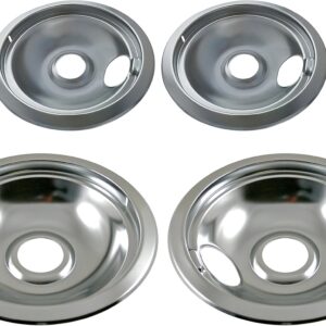 KITCHEN BASICS 101 Made in the USA 316048413 & 316048414 Range Burner Chrome Drip Pans Replacement for Frigidaire Kenmore Electric Stove w/Locking Slots, 2 Small 6-Inch & 2 Large 8-Inch Pans, 4 Pack