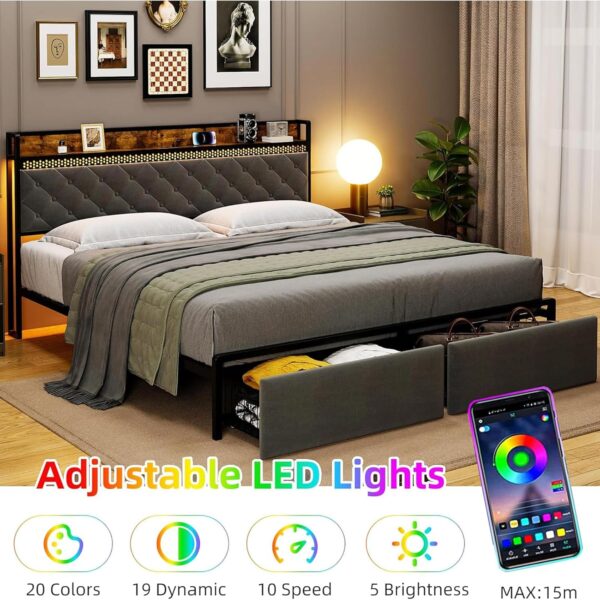King Size Metal Platform Bed Frame, Headboard and 2 Drawers, with Led Lights, USB Interfaces and Sockets, Mute Design, No Box Spring Needed, Grey - Image 3