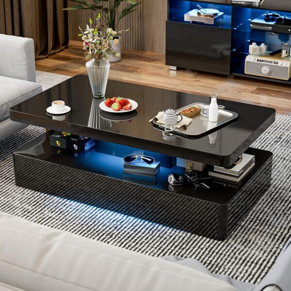 IKIFLY LED High Glossy Coffee Table, Modern Coffee Table for Living Room, 2 Tiers Rectangle Design Coffee Table with 16 Colors LED Lights Black - Image 5