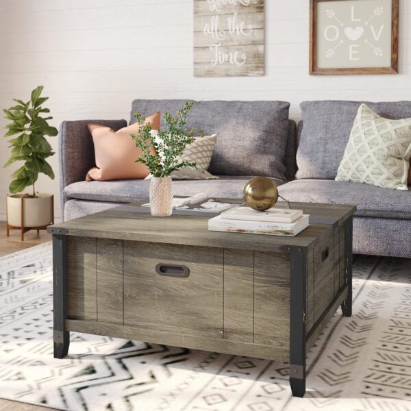 Bestier Square Coffee Table, 36 Inch Farmhouse Coffee Table with Large Hidden Storage Compartment, Wood Center Table Cocktail Table with Hinged Lift Top for Living Room Bedroom Home Office, Gray - Image 4