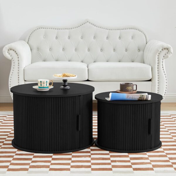Coffee Table, Modern Round Coffee Table Set of 2 with Storage Compartment and Sliding Door, Side End Accent Table for Living Room, Bedroom, Apartment, Office (Black)