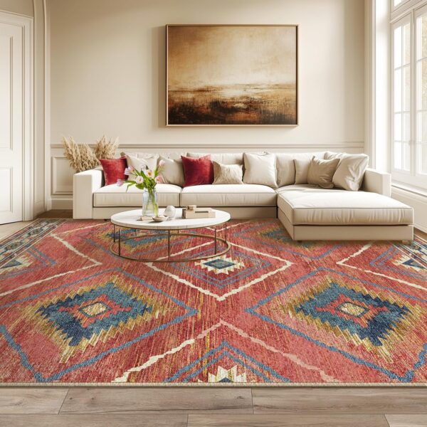 BESTSWEETIE 5x7 Area Rugs, Washable 5x7 Rugs, Non Slip Floor Carpet, Low Pile Water Repellent,Ultra Soft Moroccan Rugs for Living Room Indoor-Red/Orange - Image 6