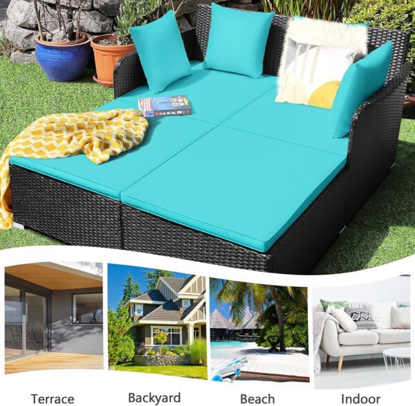 Outdoor Rattan Daybed, Patio Loveseat Sofa Set w/Comfortable Cushions Extra Pillows & Metal Foot, Sunbed Wicker Furniture for Yard/Poolside/Living Room/Garden/Porch, 1, Turquoise - Image 6