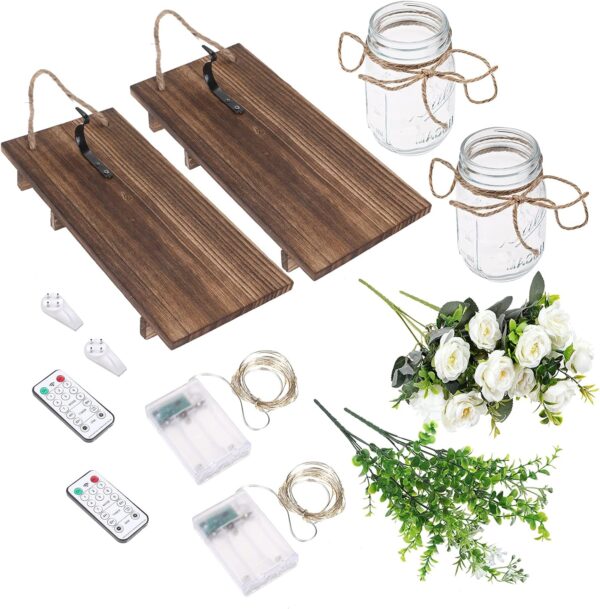 Anpro Mason Jars sconces with Lights,Decorative Mason Jar Wall Decor,Rustic Wall Sconces with 6-Hour Timer LED Fairy Lights and Flowers (2 Pack) Iron Hooks for Christmas,Halloween Decorations - Image 2