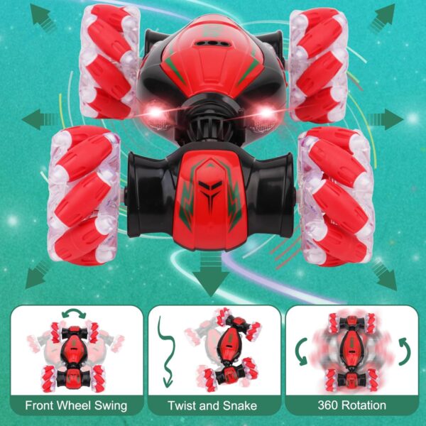 Gesture Sensing RC Stunt Car - Christmas Red, Best Birthday Gifts for Kids 6-12, Hand Remote Control Double Side Twist Cars Toys with Light Music, 4 WD Drift Off Road for Rotation - Image 3