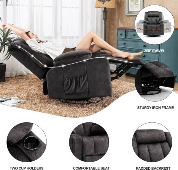 COMHOMA Recliner Chair Massage Rocker with Heated 360 Degree Swivel Lazy Boy Recliner Single Sofa Seat with Cup Holders for Living Room (Gray) - Image 3