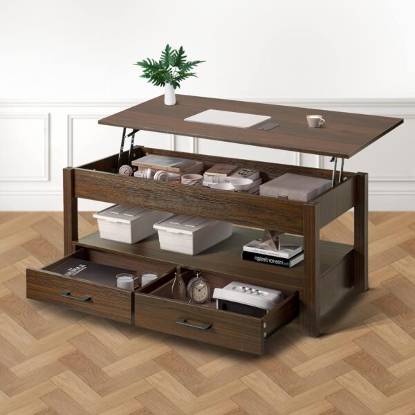 FABATO 41.7'' Coffee Table, Lift Top Coffee Table with Storage Drawers and Hidden Compartment, Retro Central Table with Wooden Lift Tabletop for Living Room, Espresso - Image 2