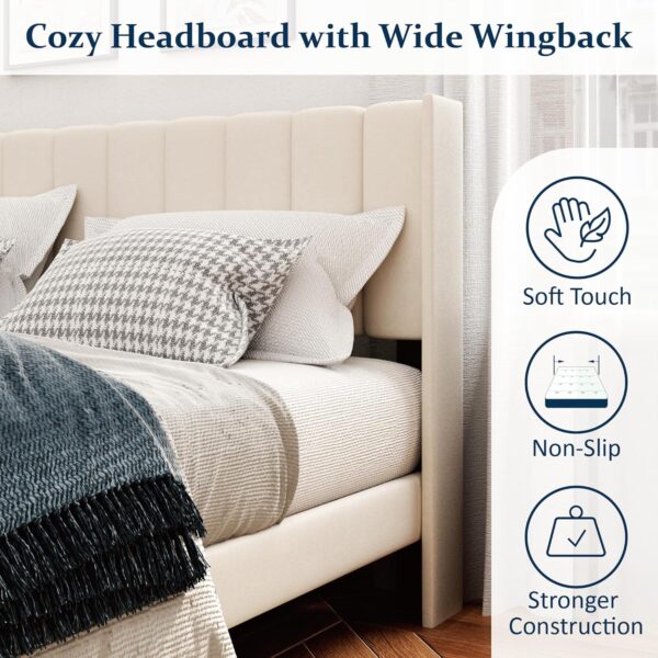 King Size Bed Frame and Headboard,Vertical Channel Tufted Wingback No Box Spring Needed, Mattress Foundation, Easy Assembly, Beige - Image 3