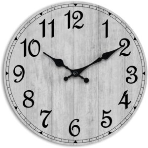 HYLANDA Wall Clock, 10 Inch Rustic Wall Clocks Battery Operated Silent Non Ticking, Country Round Wooden Clocks Farmhous Wall Decor for Bathroom, Living Room, Kitchen, Bedrooms, Dining Room (Gray)