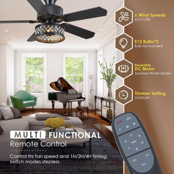 Danilong 42" Ceiling Fans with Lights and Remote, Retro Low Profile Flush Mount Ceiling Fans with Crystal Cage, 6 Speeds Reversible Dual Finish Wooden Blades Fandelier for Kitchen Bedroom Dining Room - Image 2