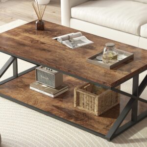 Coffee Table with Storage, Farmhouse Living Room Table, Modern Minimalist Rectangle Center Table, Industrial Vintage Wood Tea Table, 47 Inch, Rustic Brown
