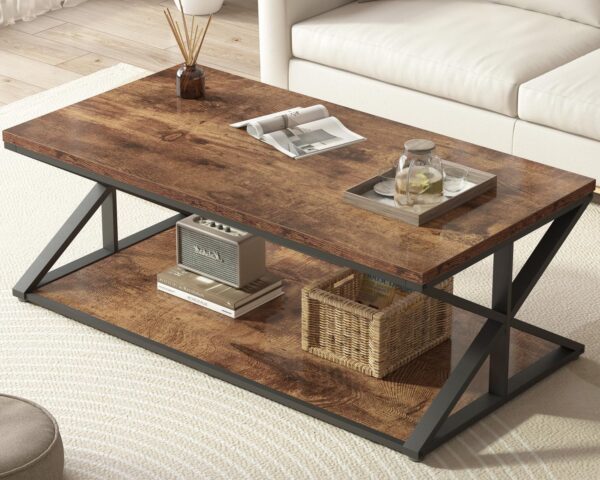Coffee Table with Storage, Farmhouse Living Room Table, Modern Minimalist Rectangle Center Table, Industrial Vintage Wood Tea Table, 47 Inch, Rustic Brown