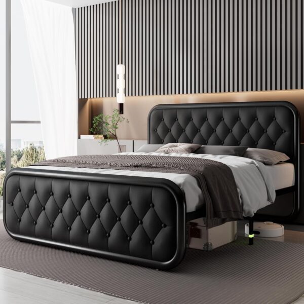 Feonase Full Size Bed Frame, Heavy Duty Bed Frame with Faux Leather Headboard, Upholstered Platform Bed with Strong Metal Slats, 12" Under-Bed Storage, Noise-Free, Easy Assembly, Black - Image 9