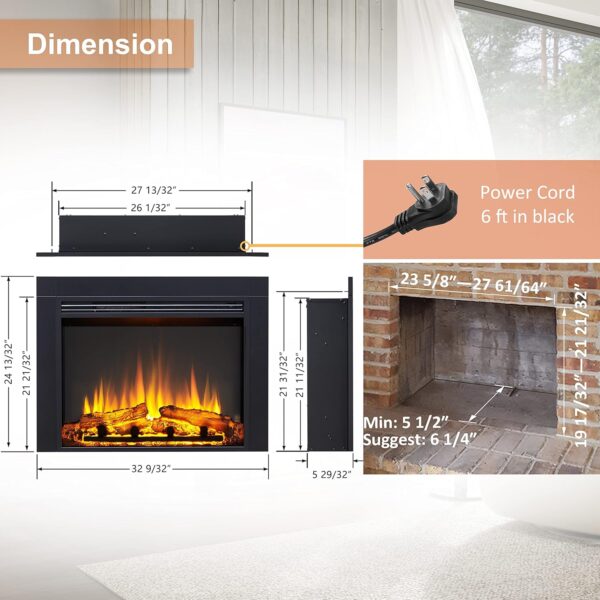 Legend Flame LegendFlame Jaden 32'' W x 25'' H (EF455) Electric Fireplace Insert with Front Trim Kit, Fire Crackling Sound, 750W/1500W Heater, Remote Control Black - Image 5