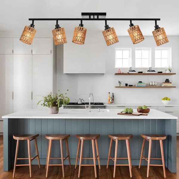 MELUCEE Ceiling Track Lighting Kits 6 Light Farmhouse Bathroom Light Fixtures with Flexibly Rotatable Light Head, Black Spotlights with Rattan Lamp Shade for Hallway Porch Foyer Bath - Image 3