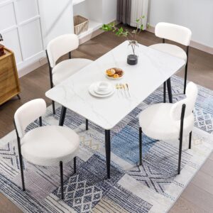 LEMBERI Dining Chairs Set of 4, Boucle Upholstered Kitchen＆Dining Room Chairs with Curved Backrest, Modern Dining Set Chairs with Black Metal Legs for Dining Room, Kitchen (White, Set of 4)