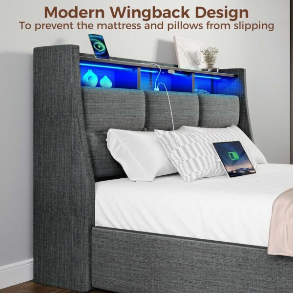 Rolanstar Twin Size Bed Frame with LED Lights and Charging Station, Upholstered Bed Storage Headboard & Drawers, Heavy Duty Wood Slats, Easy Assembly - Image 5