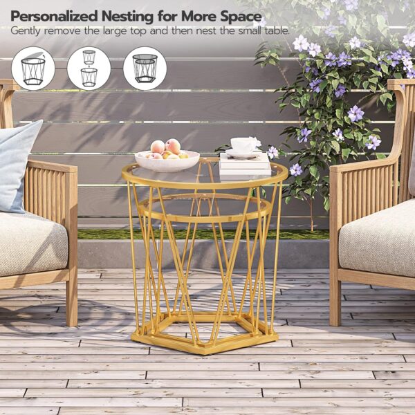 HOOBRO Small Coffee Table Set of 2, Round Coffee End Table with Metal Frame, Glass Top, Gold Side Table for Living Room, Bedroom and Balcony, Modern Style, Gold GD79BZ01 - Image 5