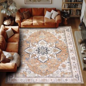 Area Rug for Living Room 9x12 - Vintage Washable Rugs Traditional Floor Carpet Soft Oriental Area Carpet Big Neutral Rug Low Pile Stain Resistant Rug for Bedroom - Grey/Orange