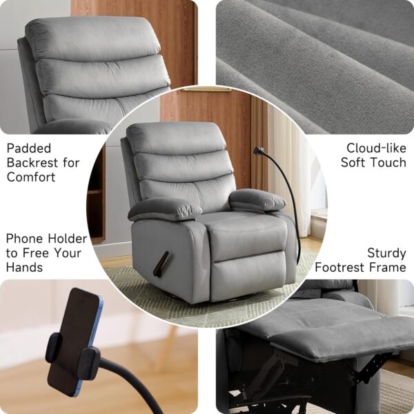 Swivel Rocker Recliner Chair for Adults, Rocking Recliner Chair, Manual Small Recliners for Small Spaces, Living Room, Nursery, RV, Light Grey - Image 6