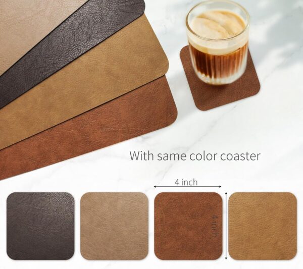 RENMTURE Faux Leather Placemats Set of 4,with 4 Cup mat,Washable, for Kitchen Dining Table,Restaurant,Coffee Shop (Walnut Brown, Rectangle) - Image 3