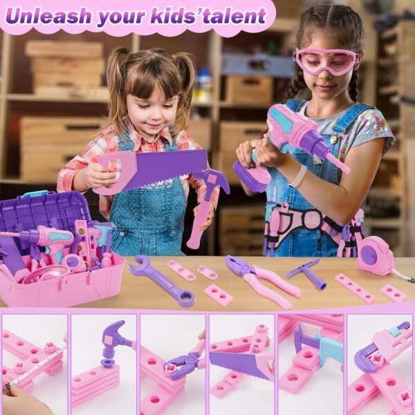 Kids Tool Set, 67 PCS Toddler Tool Box with Electronic Toy Drill & Realistic Kids Tape Measure, Pretend Play Construction Toy Kit with Tool Belt & Hammer, Toddler Tool Set for Girl Boy Ages 3+ (Pink) - Image 3