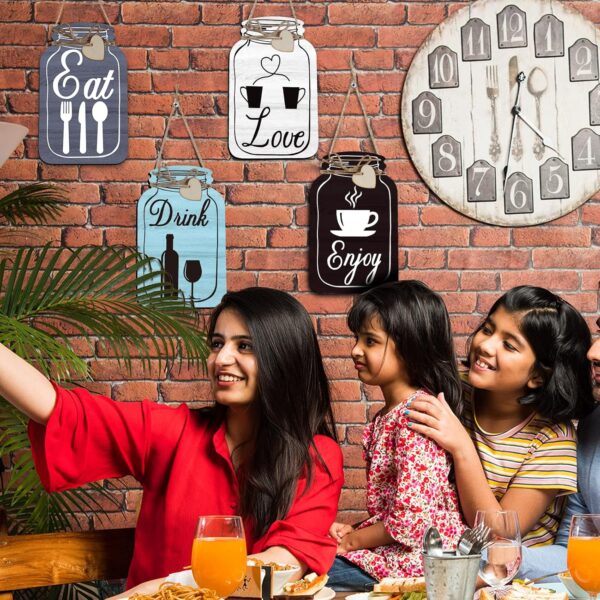 Yalikop 4 Pcs Wooden Kitchen Wall Decor Eat Drink Enjoy Love Wood Sign Mason Jar Shaped Wooden Rustic Home Decor for Home Kitchen Dining Room Decor (Gray, White, Blue, Dark Brown, Retro Style) - Image 6
