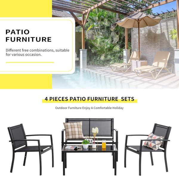 Shintenchi 4 Pieces Patio Furniture Set All Weather Textile Fabric Outdoor Conversation Set, with Glass Coffee Table, Loveseat, 2 Single Chairs for Home, Garden, Lawn, Porch（Black） - Image 6