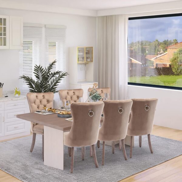 SoarFlash Velvet Dining Chairs Set of 6, Tall Back Side Chair, Modern Upholstered High-end Tufted Side Chair with Button Back Ring, Solid Wood Legs (Khaki) - Image 2