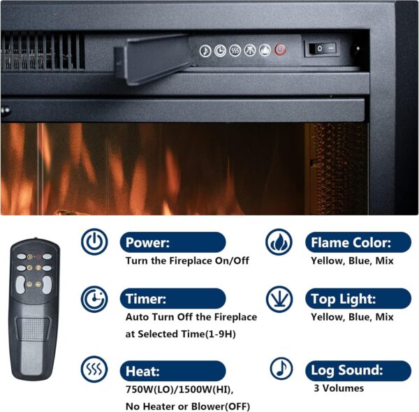 Electric Fireplace Insert, 36 Inches Recessed Fireplace Heater with Adjustable Flame and Top Light Colors, Fire Crackling Sound, Remote Control, Timer, 750W/1500W, Black - Image 3