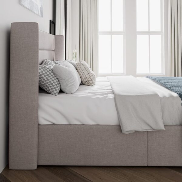 SHA CERLIN King Size Lift Up Storage Bed/Modern Wingback Headboard/Upholstered Platform Bed Frame/Hydraulic Storage/No Box Spring Needed/Wood Slats Support/Light Beige - Image 6