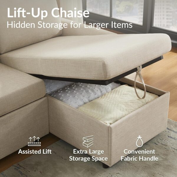 L Shaped Convertible Sleeper Sofa Bed, Sectional Couch for Living Room - Dual USB-C Charging, Pull Out Bed, Reversible Chaise with Storage & Pockets, Removable & Washable Beige Linen Covers - Image 5