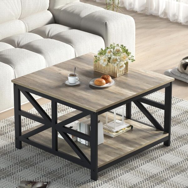 GreenForest Coffee Table with Storage, 27.6 inch Square Coffee Table, Seamless One-Piece Tabletop Design, Small Coffee Tables for Living Room, Farmhouse Sofa Table, Rustic Center Table, Grey Wash - Image 5