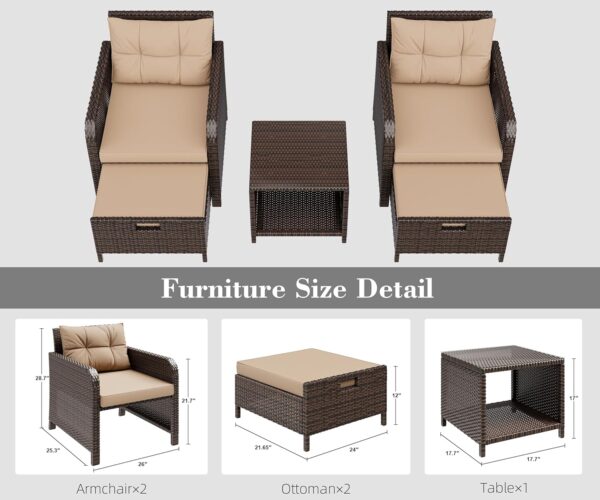 Balcony Furniture 5 Piece Patio Conversation Set, PE Wicker Rattan Outdoor Lounge Chairs with Soft Cushions 2 Ottoman&Glass Table for Porch, Lawn-Brown Wicker (Brown) - Image 6