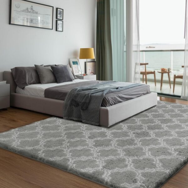 Area Rugs 8x10, Shag Rugs for Living Room, High Pile Fluffy Carpet for Bedroom, Kids Room, Nursery, Home Decor, Geometric, Light Grey/White - Image 2