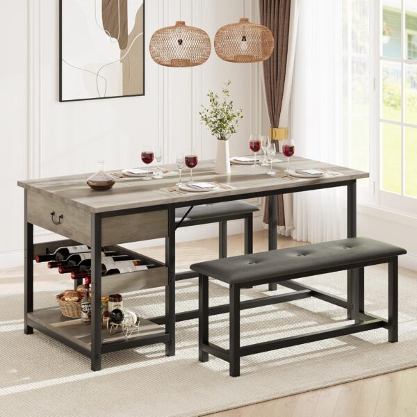 Dining Table Set for 4, Kitchen Dining Table Set with Upholstered Benches, Kitchen Dining Room Table with Storage Drawers & Wine Rack for Small Space-Grey - Image 6