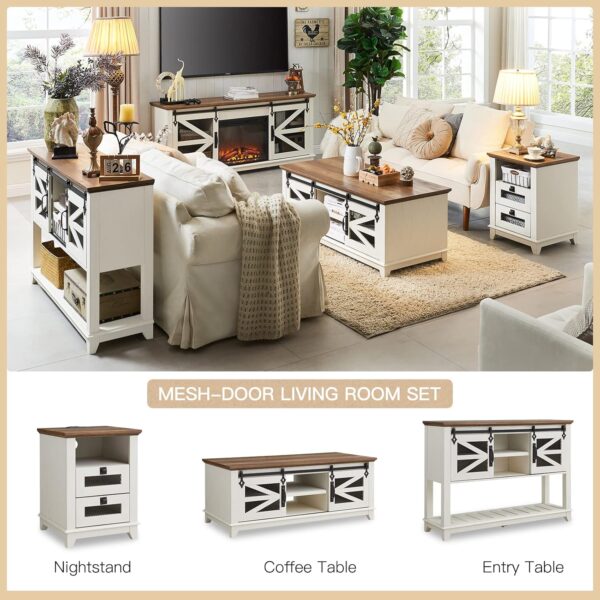 OKD 48'' Coffee Table with Storage & Sliding Barn Doors, Farmhouse & Industrial Cocktail Table w/Adjustable Shelves, Modern Rectangular Rustic Living Room, Meeting Room, Antique White - Image 7