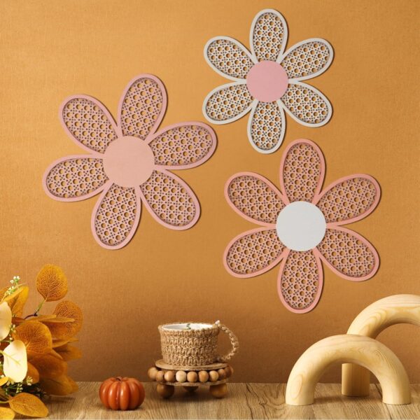 Maitys 3 Pieces Boho Daisy Wall Decor Natural Rattan Flower Wall Hanging Art Wooden Boho Wall Art Nursery Wall Decor Flowers Farmhouse Hanging Decor for Home Office Nursery (Rustic Color) - Image 3