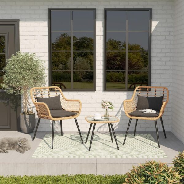 Verano Garden 3 Piece Patio Bistro Set, Outdoor Wicker Conversation Chair Sets Balcony Furniture,Coffee Table with Glass Top, Cushions & Lumbar Pillows for Porch, Backyard, Deck, Poolside - Image 2