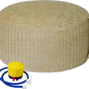Woven Inflatable Ottoman with Air Pump D21”x H10” Outdoor Indoor Pouf Patio Footrest Stool with Portable Handle, Round Ottoman for Patio Garden, Camping, Bedroom, Living Room Natural Color