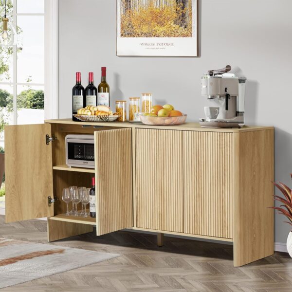Sideboard Buffets Cabinet, Modern Accent Storage Cabinet with 4 Fluted Doors and Adjustable Shelves, Wood Credenza Buffet Sideboards, Console Table for Kitchen Dining Living Room Entryway (Natural) - Image 6