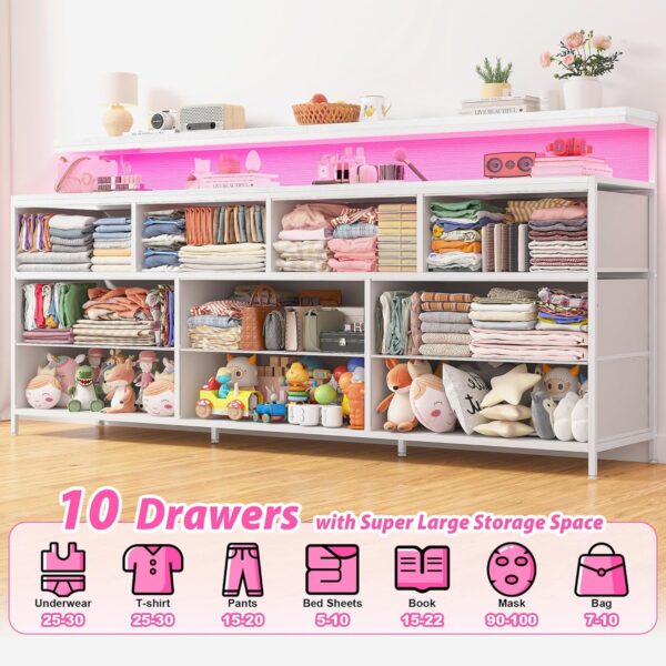 EnHomee 55" W White Dresser for Bedroom with 10 Drawers Long Dressers & Chests of Drawers with LED Lights & Power Outlets Large Dresser for Bedroom Dresser for Closet, Hallway, Metal Frame, White - Image 4