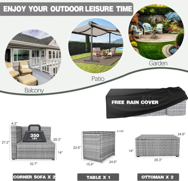 5 Pieces Outdoor Patio Sectional Furniture Set with Ottomans, Wicker Patio Furniture Conversation Sets Sofa for Backyard Garden Balcony Poolside,Waterproof, rain Cover - Image 7