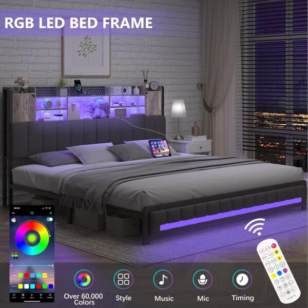 King Size Bed Frame and Bookcase Storage Headboard, LED Upholstered Bed Frame King with Charging Station, Light up King Size Platform Metal Bed Frame, No Box Spring Needed, Charcoal Gray - Image 3