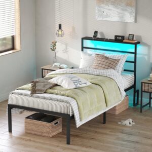 Queen Bed Frame with Headboard and Footboard,Heavy Duty Steel Slats Support Metal Bed Frame with Charging Station, Black