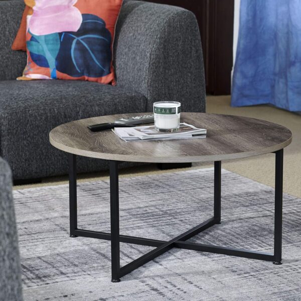 Household Essentials Jamestown Round Coffee Table Ashwood Rustic Wood Grain and Black Metal 31.5 x 31.5, Taupe - Image 2