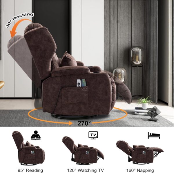Power Recliner Chair, Velvet Fabric Swivel Rocking Chair with Vibrating Massage and Heating Nursery Glider Chair for Living Room, Home Theater Seating with Ambient Lighting(Single, Brown) - Image 4